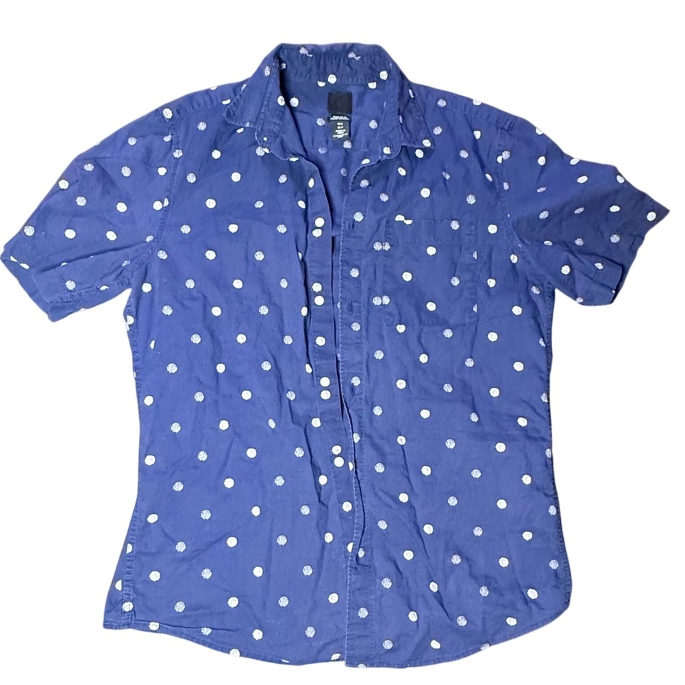 H&M Mens Button Down Shirt Polka Dot Short Sleeve Casual Blue‎ Size S